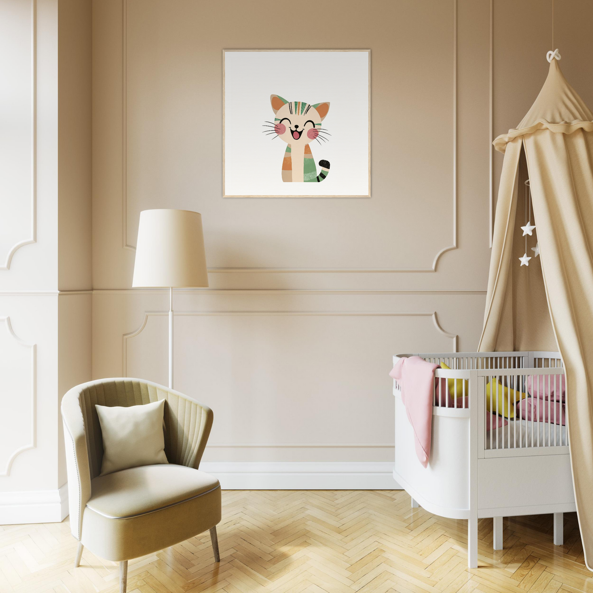 Stylish Nursery room featuring a white crib, beige canopy, and cute nursery wall art