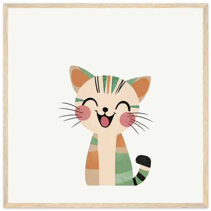 Happy cartoon cat with stripes in a nursery wall art framed poster for kids