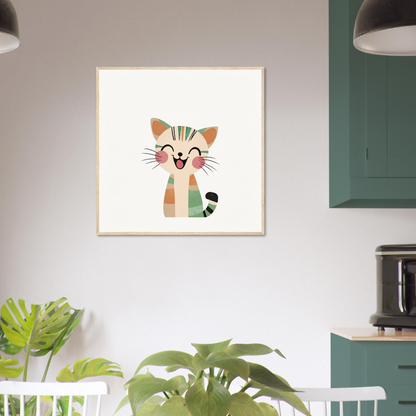 Cute cartoon cat artwork with happy closed eyes for nursery wall art decor