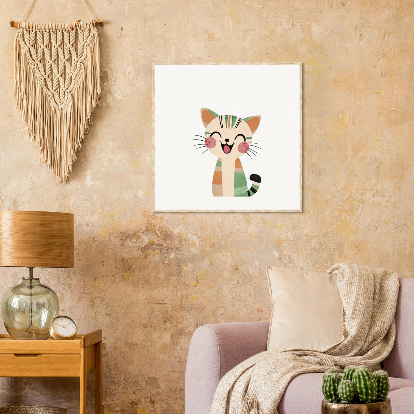 Cute cartoon cat illustration in mint green and peach for nursery wall art