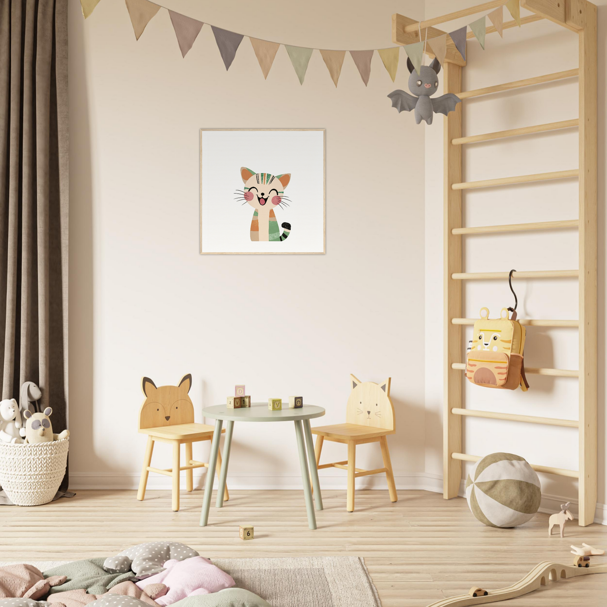 Kids’ play area featuring animal-themed chairs and table, perfect for nursery decor