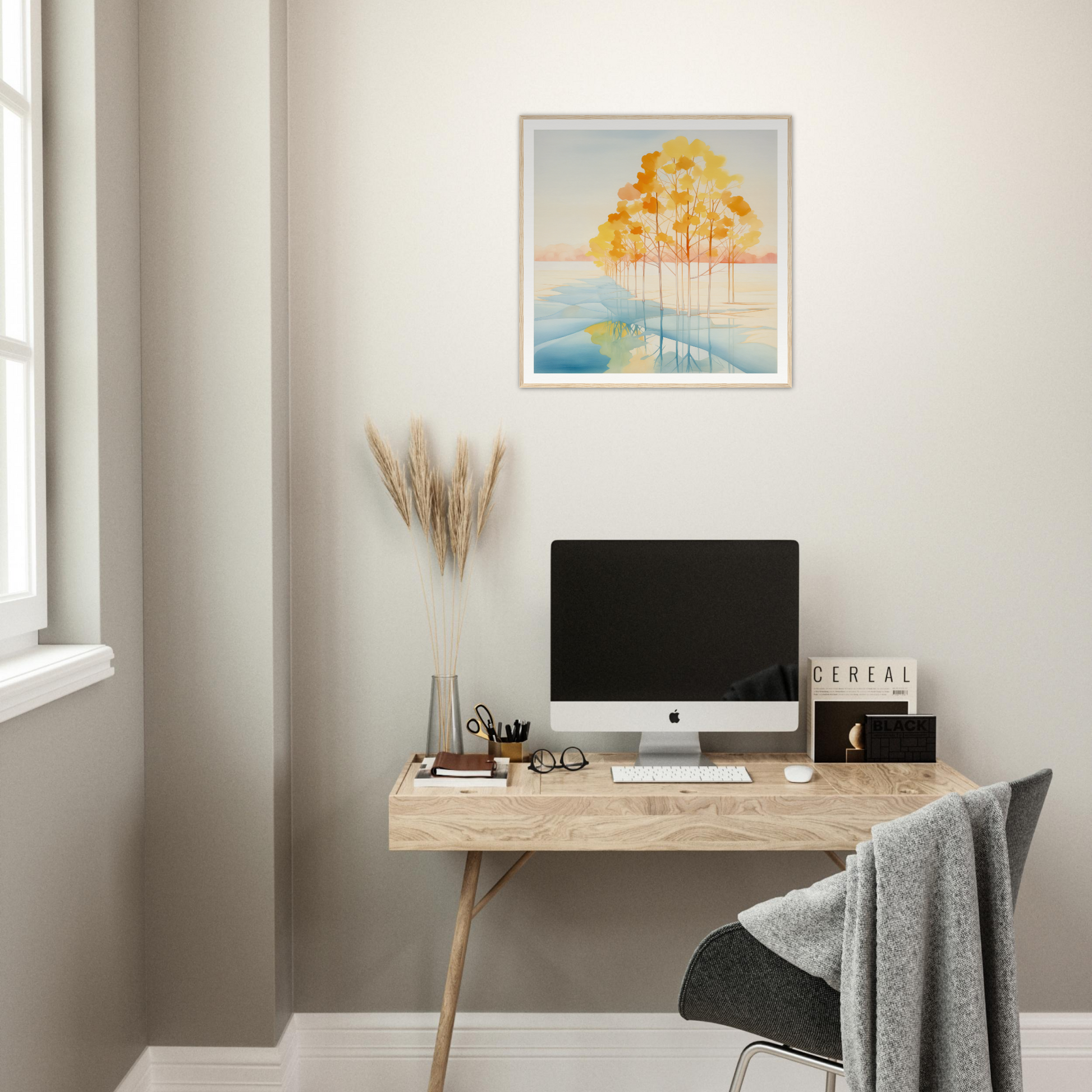 Simple wooden desk with iMac and minimalist decor, perfect for stylish nursery decor