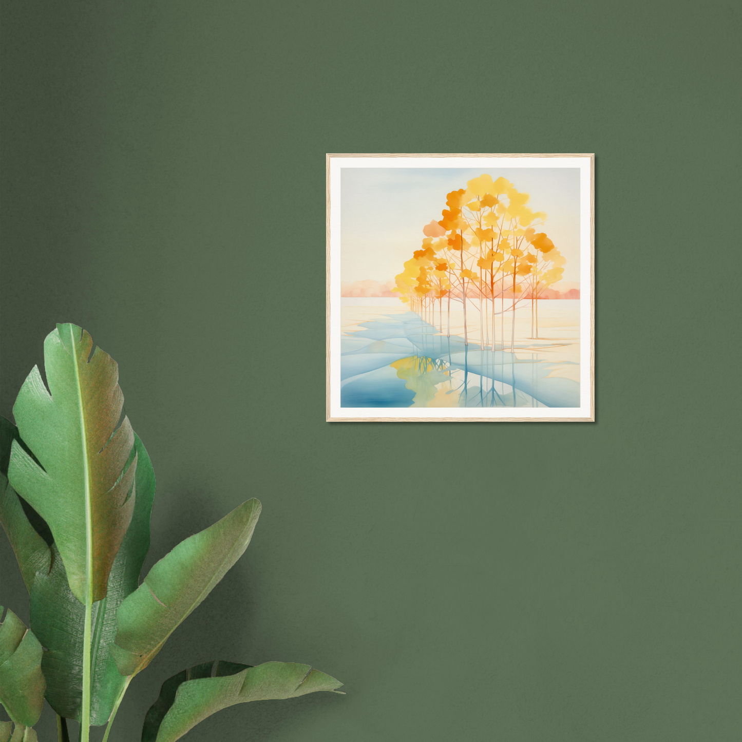 Framed watercolor sunset over water, perfect for nursery wall art and decor