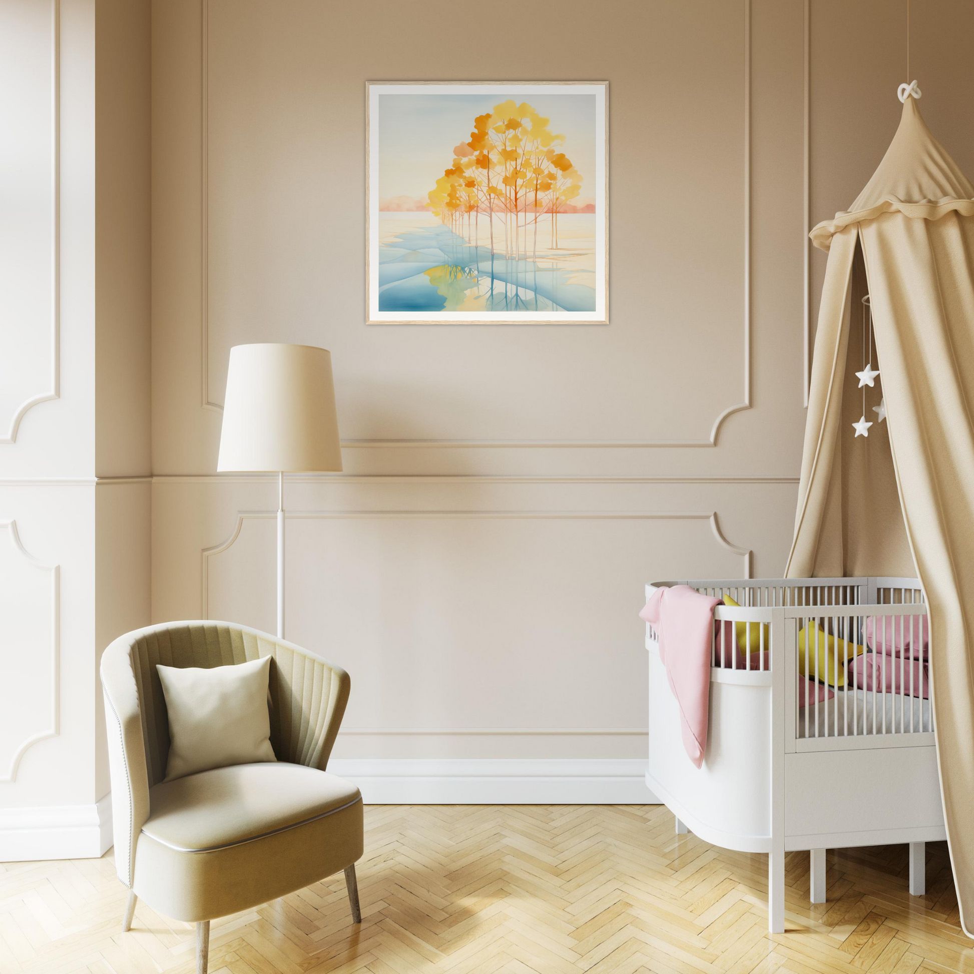 Modern nursery decor with a white crib and beige canopy, perfect for nursery wall art