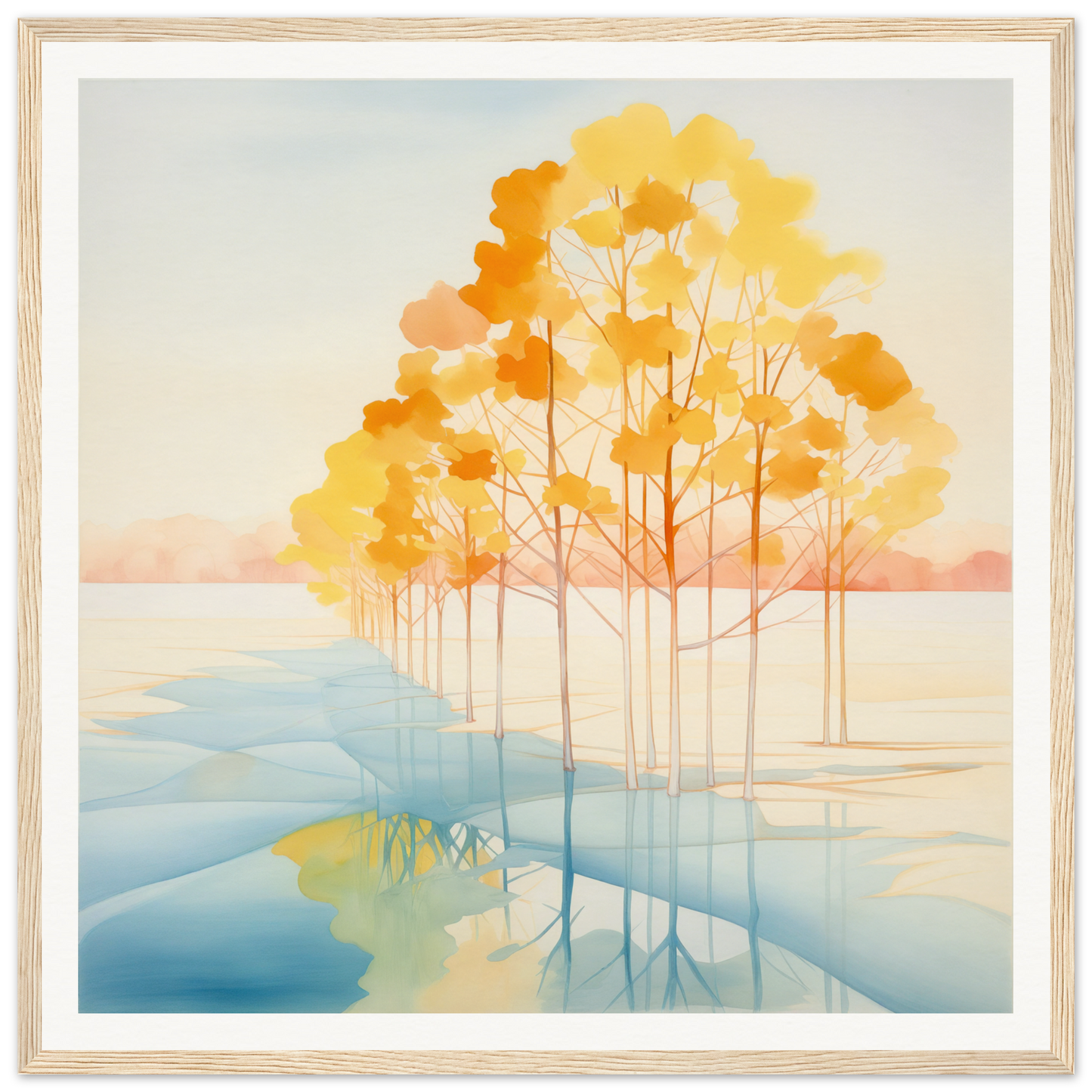 Golden autumn trees reflected in water for stylish nursery wall art decor