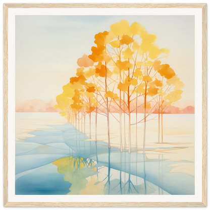 Golden autumn trees reflected in water for stylish nursery wall art decor