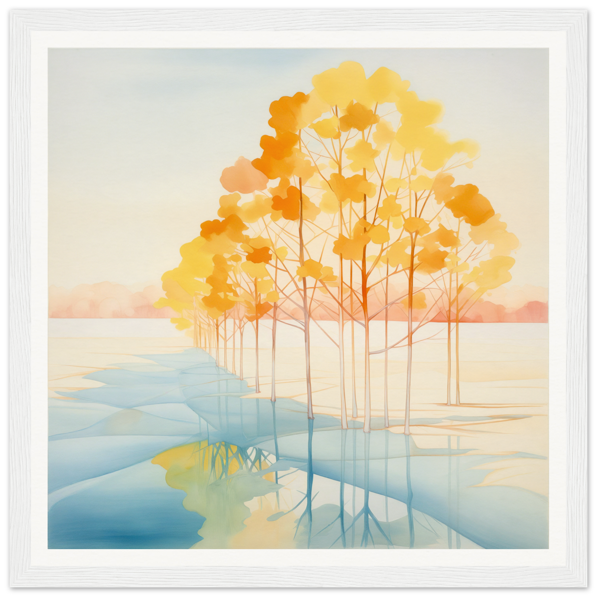 Watercolor painting of autumn trees reflected in calm water for nursery wall art