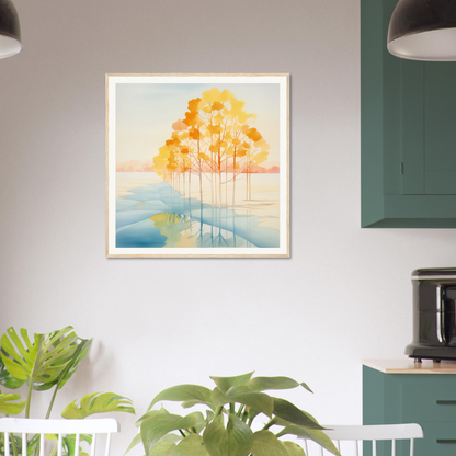 Framed watercolor of autumn trees at sunset, perfect for nursery wall art or decor