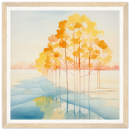 Golden autumn trees reflected in water for stylish nursery wall art or decor