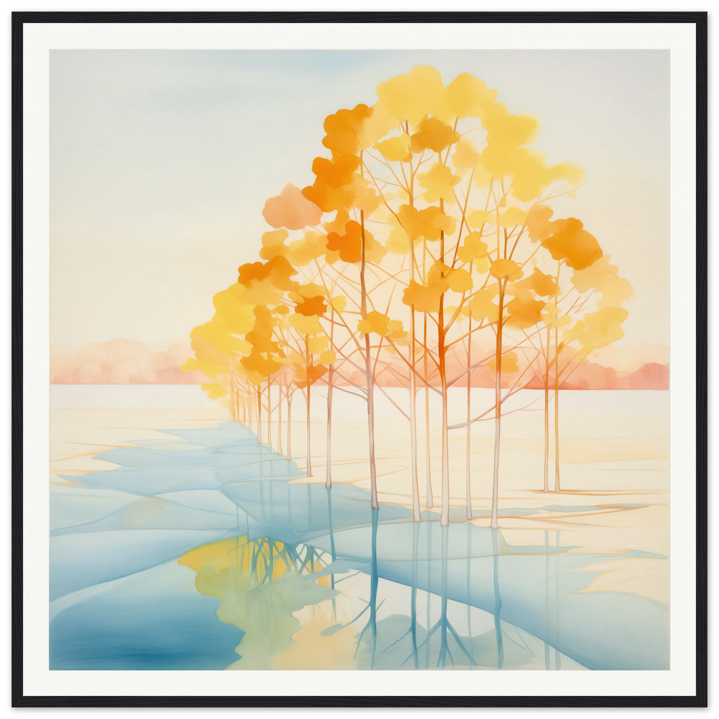 Golden-orange autumn trees reflected in calm water for nursery wall art decor