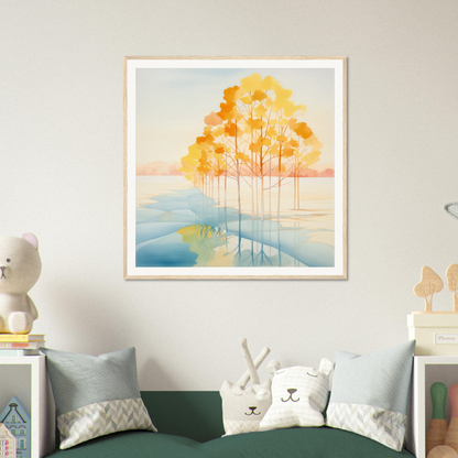 Framed watercolor autumn trees reflection for stunning nursery wall art or decor