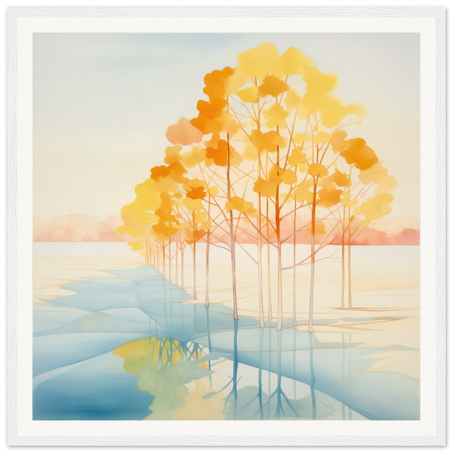 Watercolor autumn trees reflection perfect for nursery wall art or framed poster decor