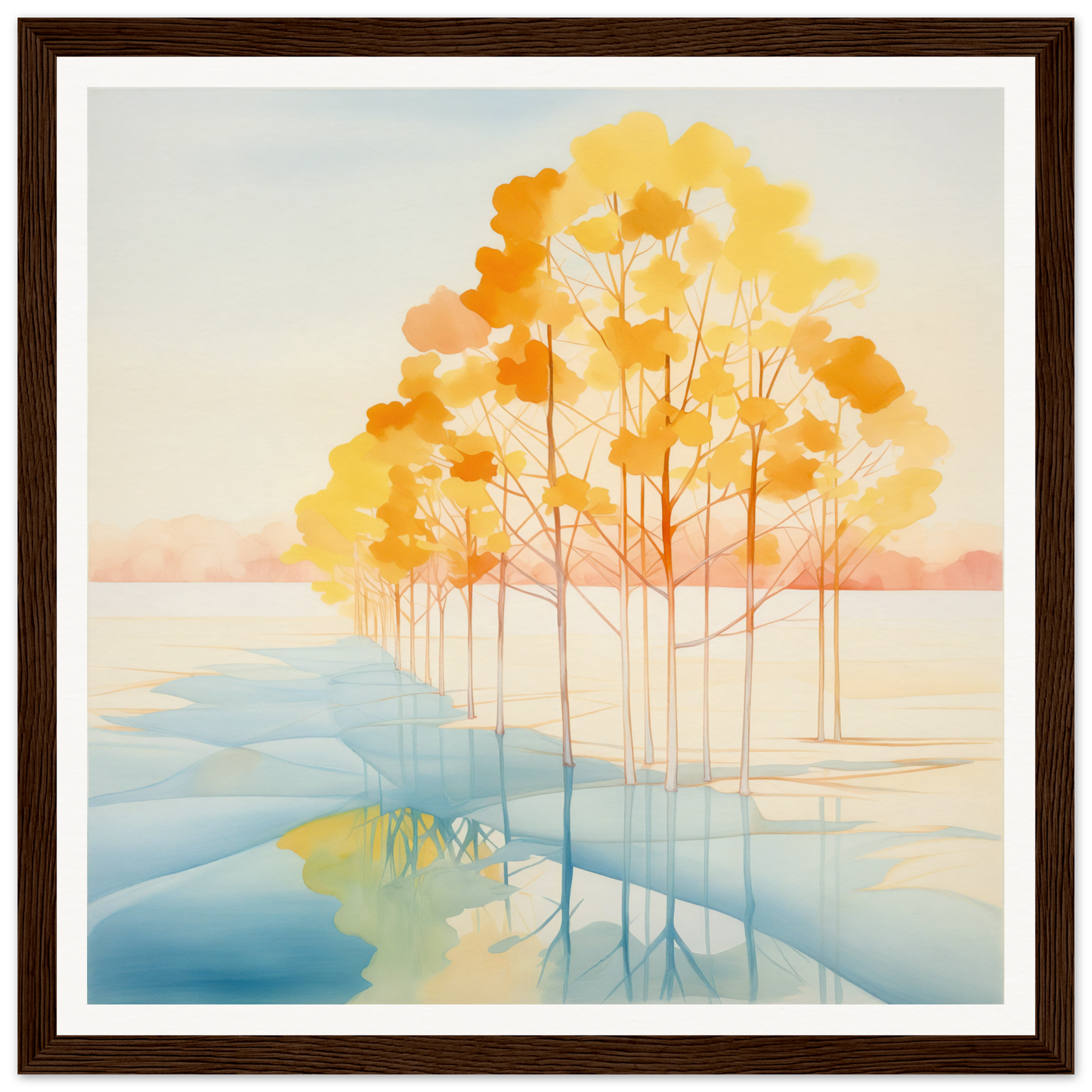 Watercolor painting of autumn trees reflecting in water for nursery wall art decor