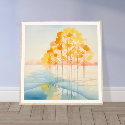 Framed watercolor painting of autumn trees for cozy nursery wall art decor