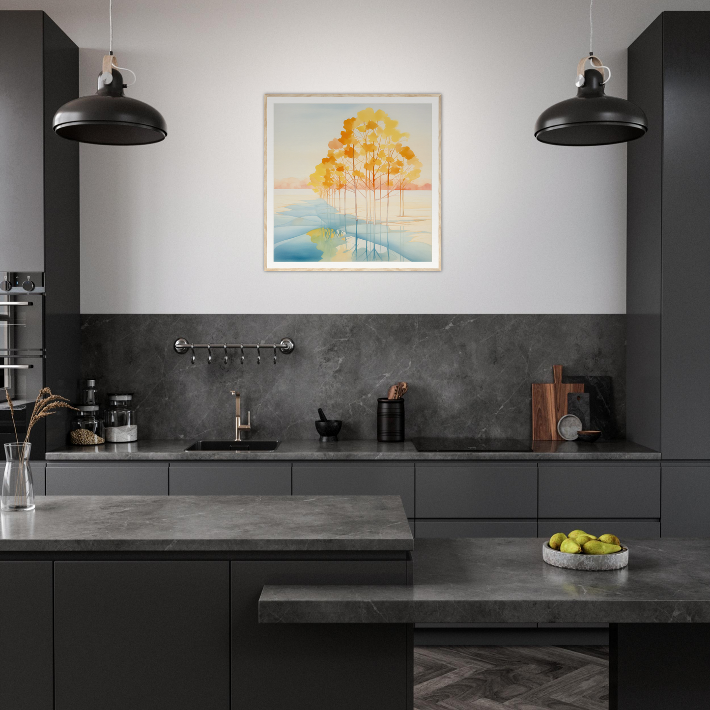 Modern dark gray kitchen featuring industrial lights and colorful nursery wall art