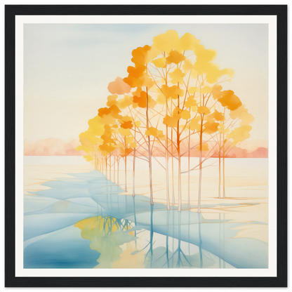 Beautiful watercolor painting of autumn trees reflected in calm water for nursery decor