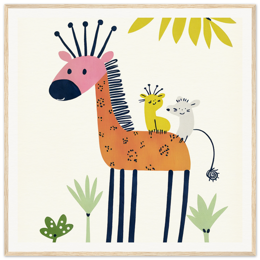 Whimsical giraffe with pink nose and creatures, perfect for nursery wall art