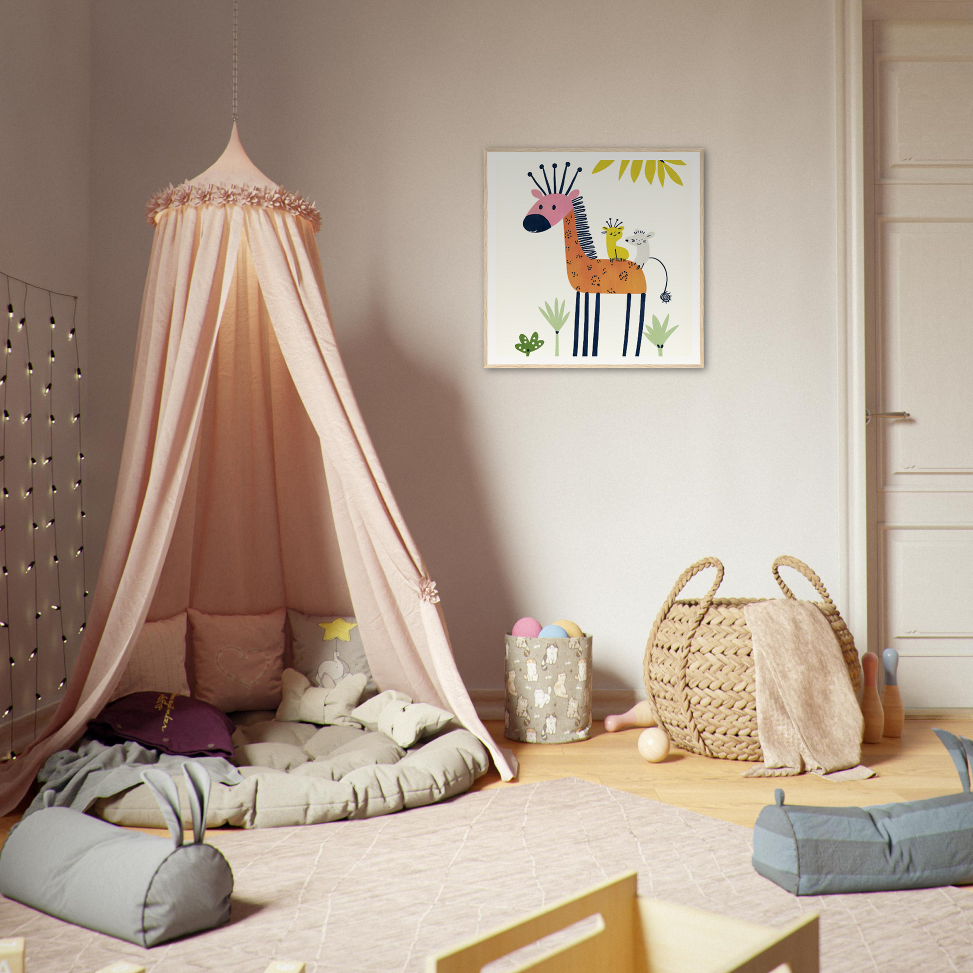 Pink canopy tent hanging from the ceiling, perfect for nursery decor or wall art