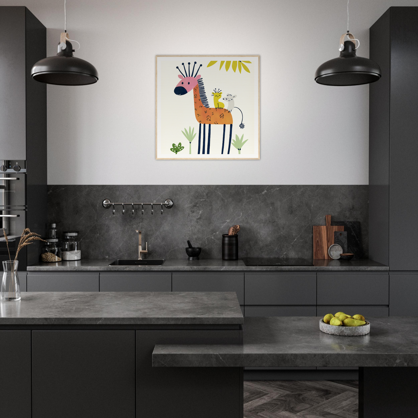 Modern dark gray kitchen with colorful giraffe nursery wall art and black pendant lights