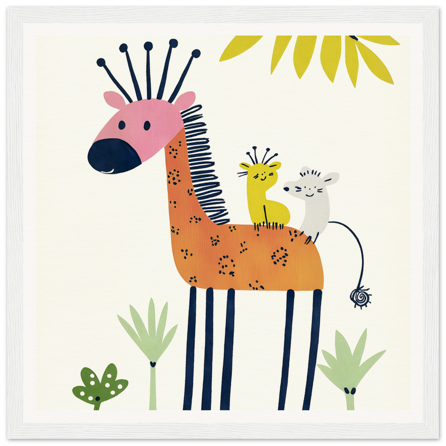 Whimsical giraffe with birds perfect for nursery wall art or framed poster decor