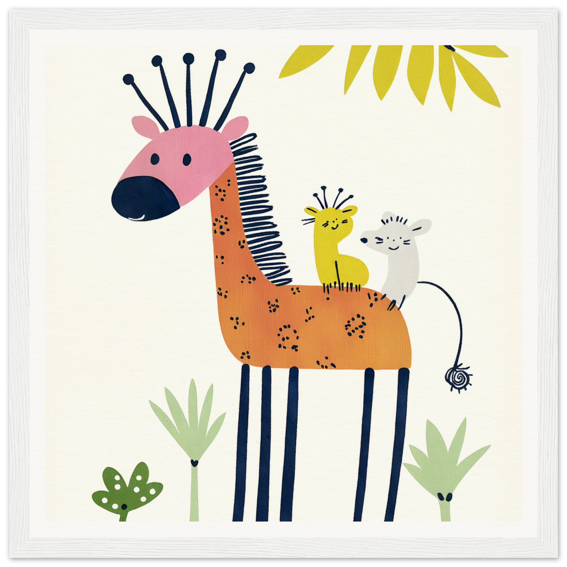 Whimsical giraffe with birds perfect for nursery wall art or framed poster decor