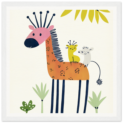Whimsical giraffe with birds perfect for nursery wall art or framed poster decor