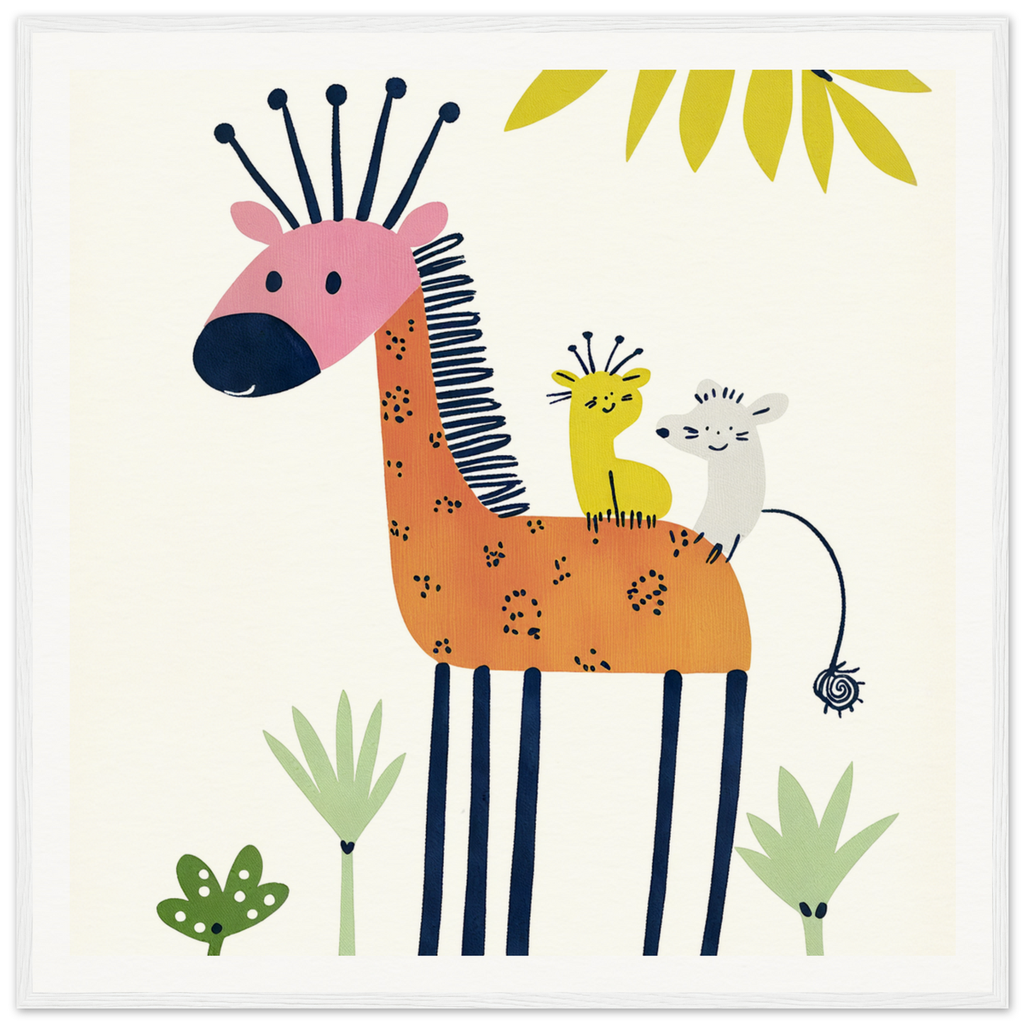 Whimsical giraffe with pink nose and creatures, perfect nursery wall art for kids’ rooms