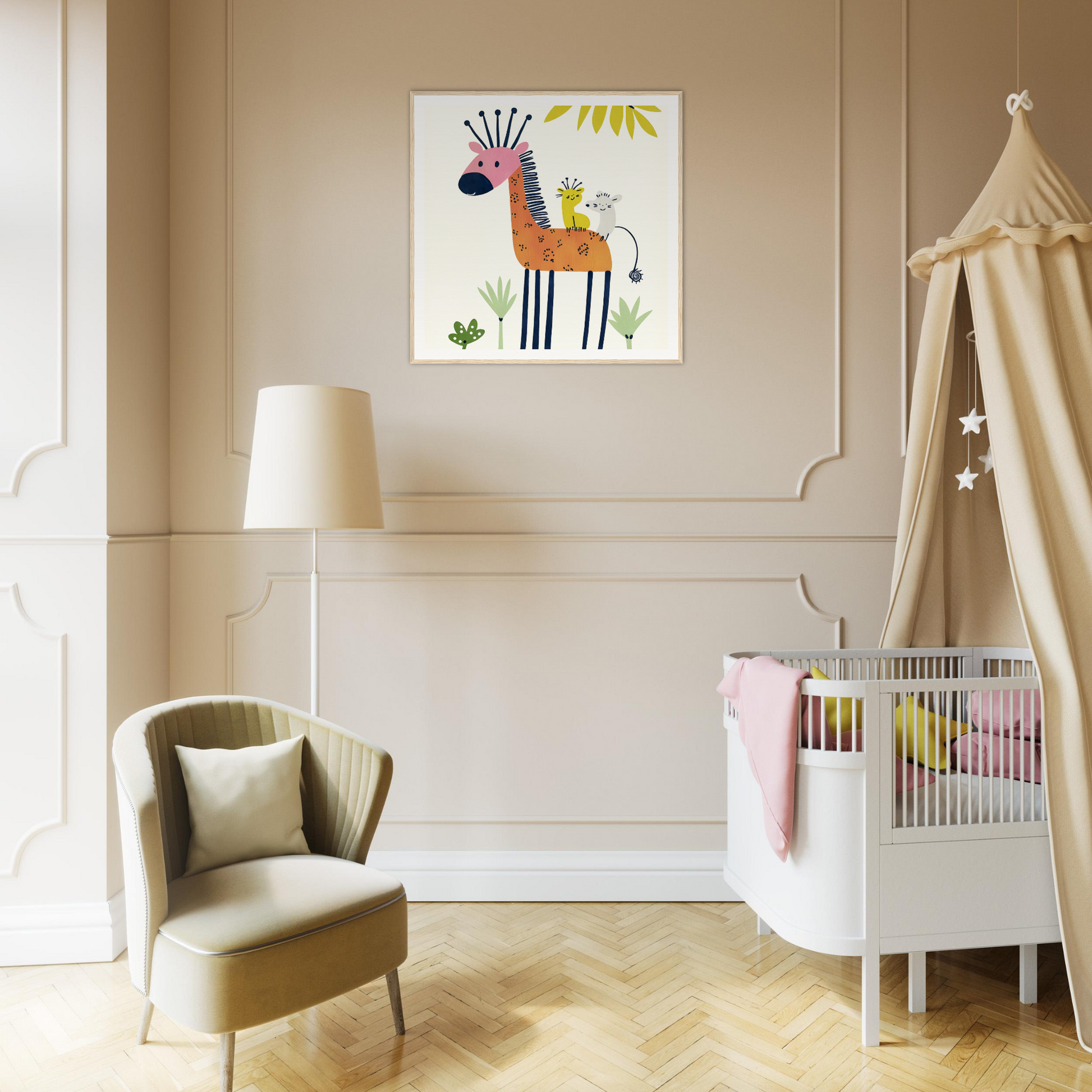 Whimsical cartoon giraffe artwork for nursery wall art and decor in framed poster style