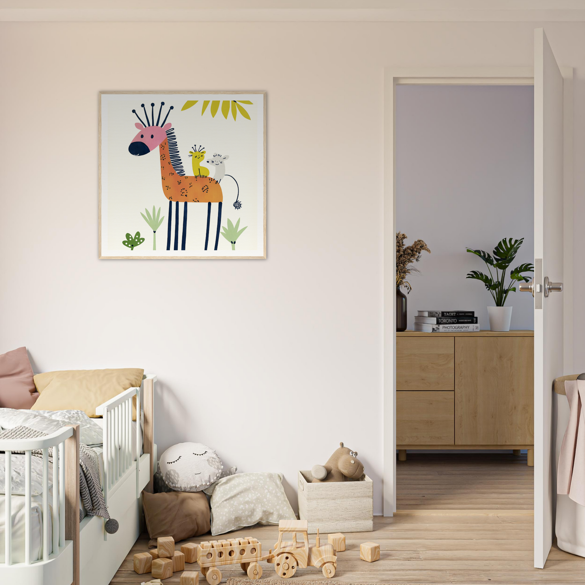 Colorful giraffe art print perfect for nursery wall decor or a framed poster