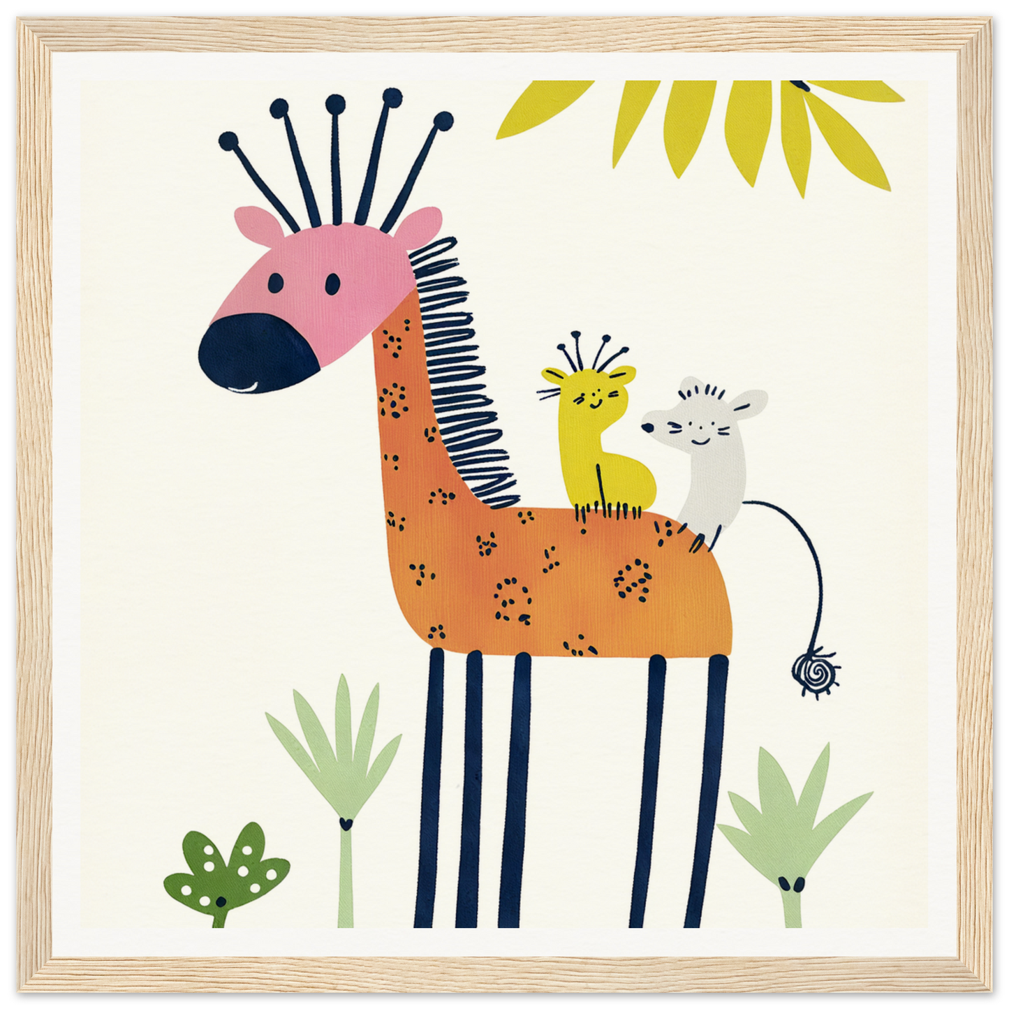 Whimsical giraffe with pink nose and tiny creatures for fun nursery wall art