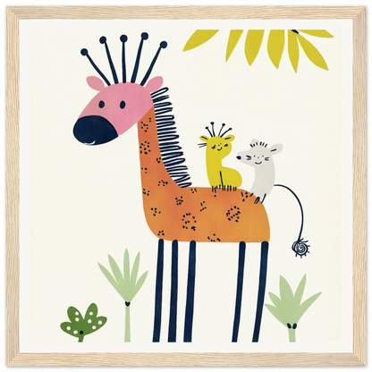 Whimsical giraffe with pink nose and tiny creatures for fun nursery wall art