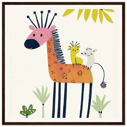 Whimsical giraffe with pink head and striped legs perfect for nursery wall art