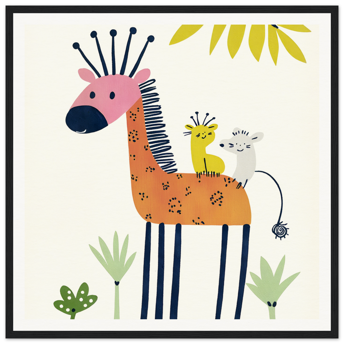 Whimsical giraffe nursery wall art featuring a pink head and striped legs in product150