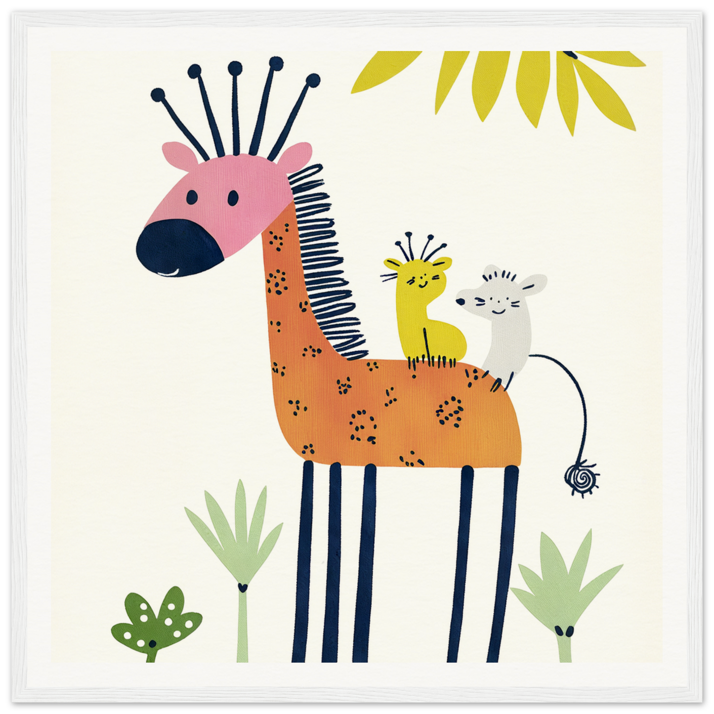 Whimsical giraffe with pink head and orange body for fun nursery wall art