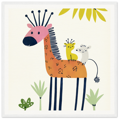 Whimsical giraffe with pink head and orange body for fun nursery wall art