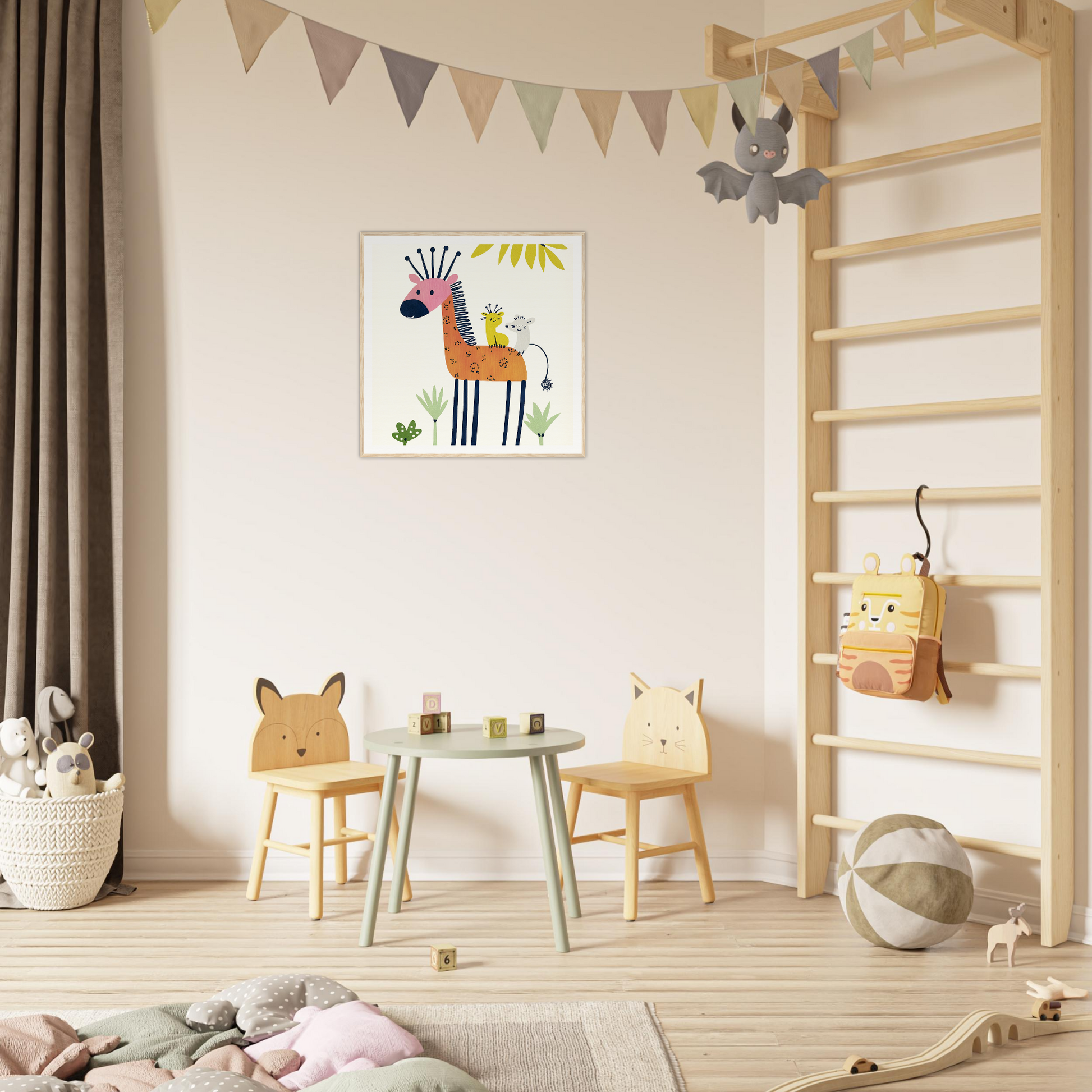 Colorful children’s play area with animal chairs and mint green table, perfect nursery decor