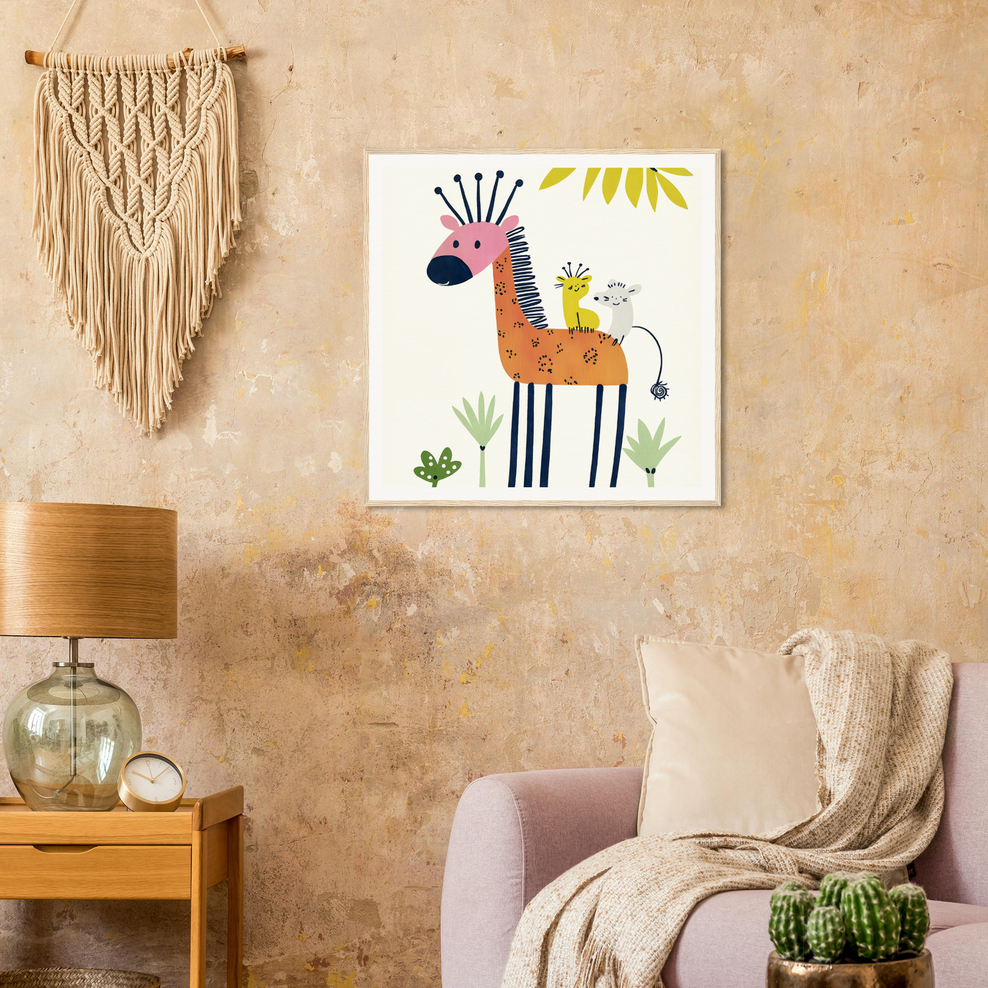 Whimsical cartoon giraffe with patterns and colorful mohawk for nursery wall art