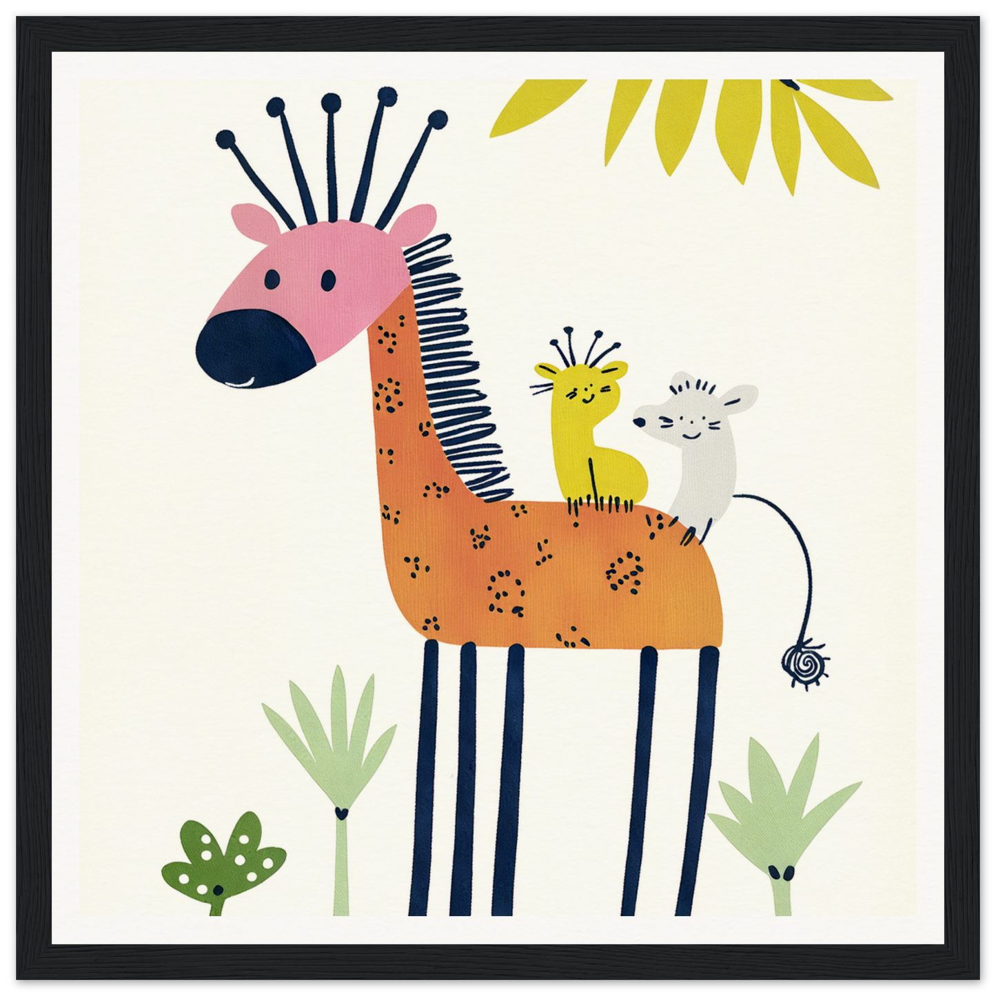 Whimsical giraffe with pink nose and striped legs for cute nursery wall art decor