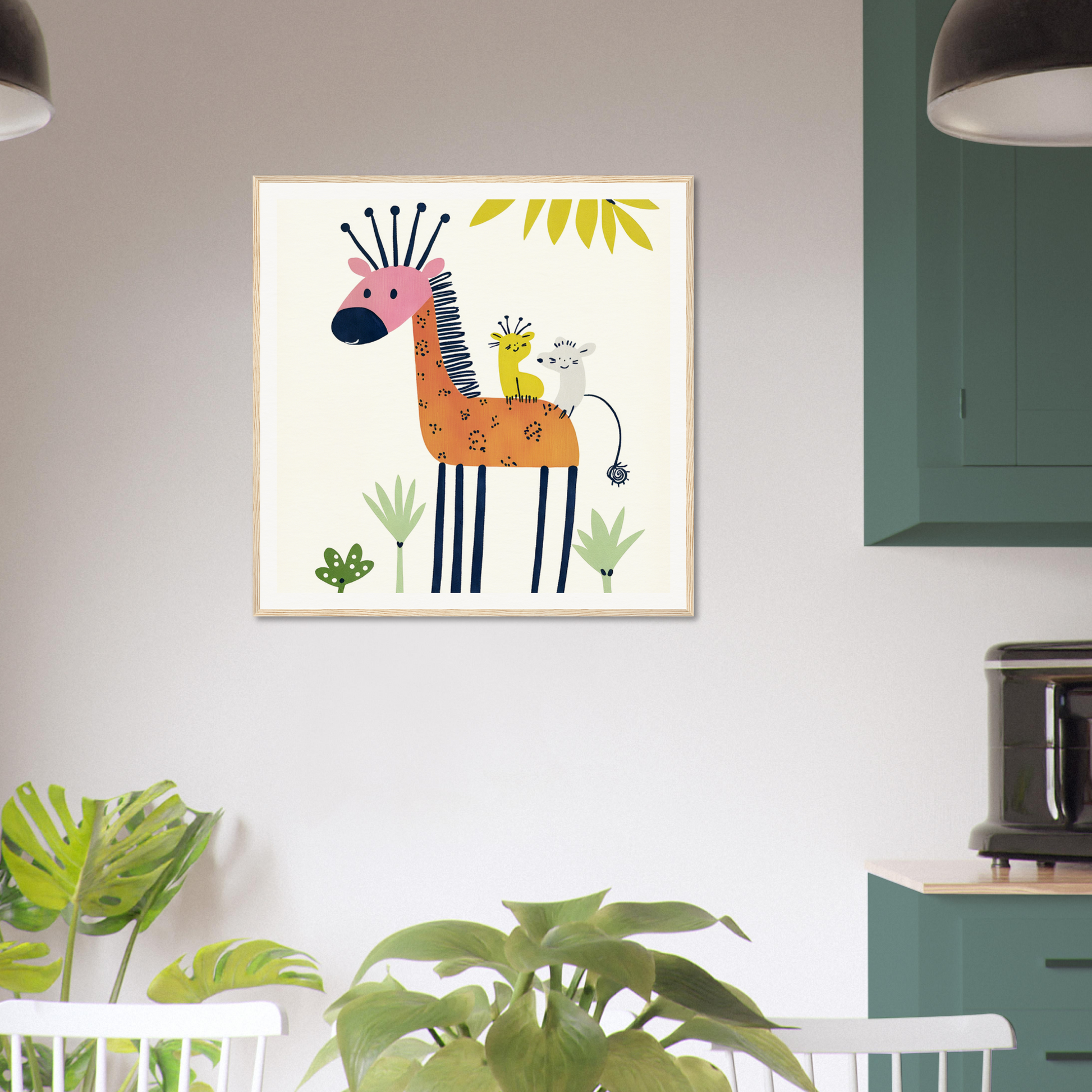 Whimsical cartoon giraffe nursery wall art with floral accents in a minimalist style