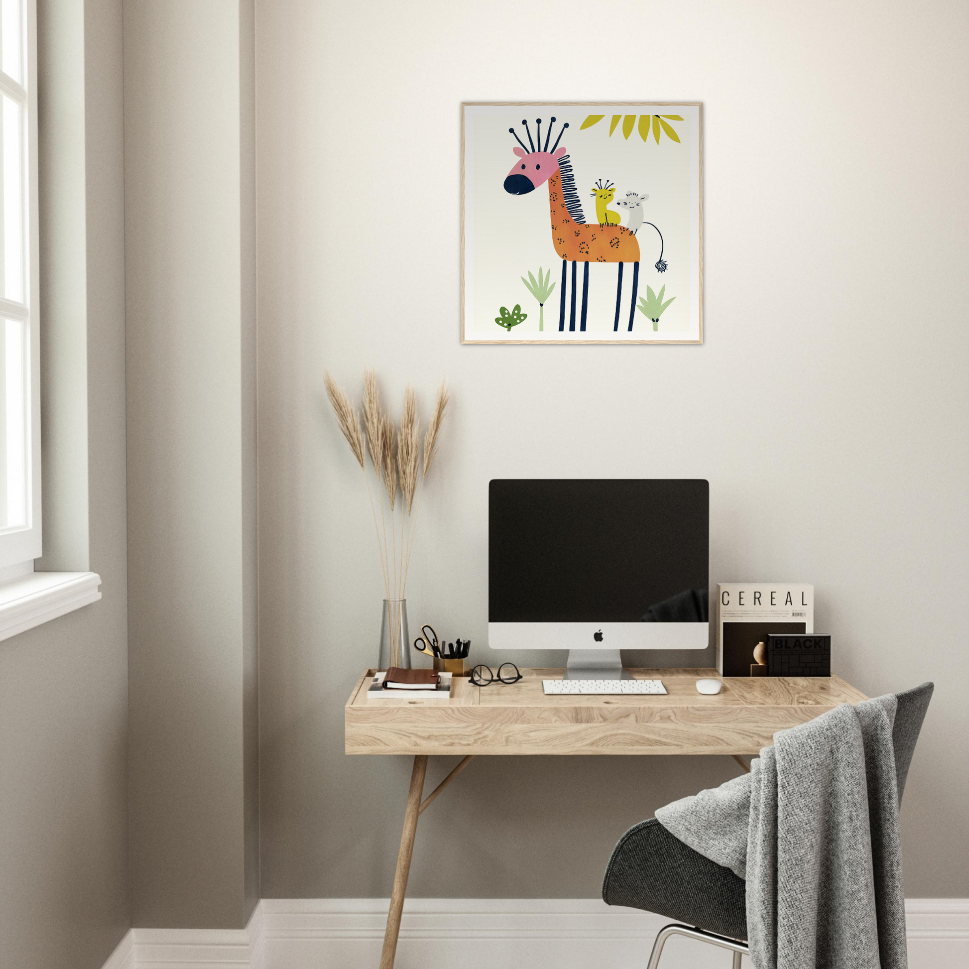 Whimsical cartoon zebra nursery wall art with colorful plants in product150