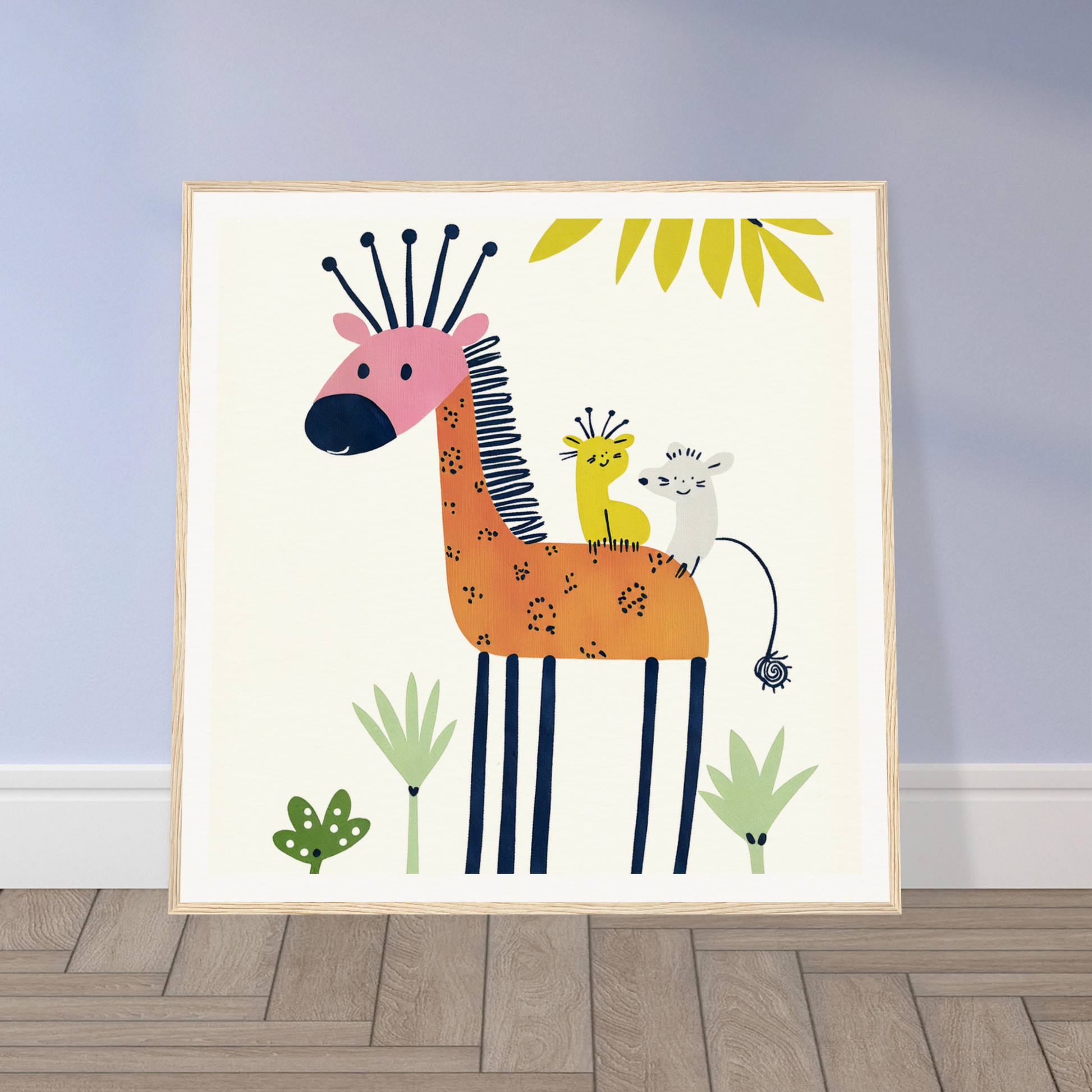 Whimsical cartoon giraffe with bird and mouse, perfect for nursery wall art