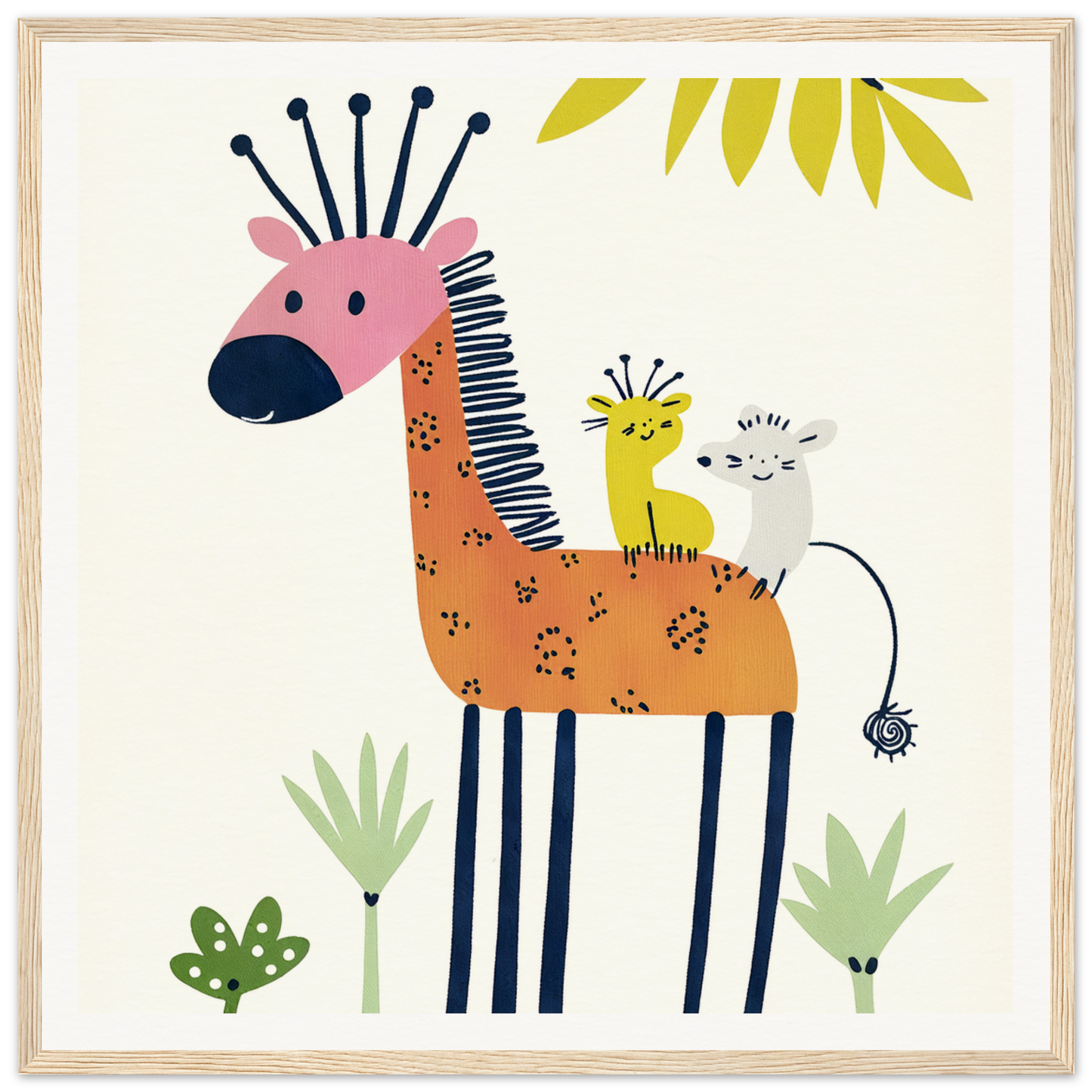Whimsical giraffe with pink nose and creatures, perfect for nursery wall art or decor