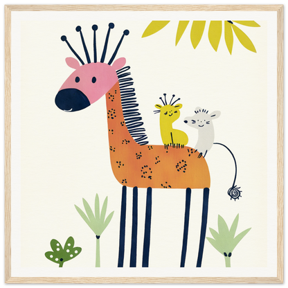 Whimsical giraffe with pink nose and creatures, perfect for nursery wall art or decor
