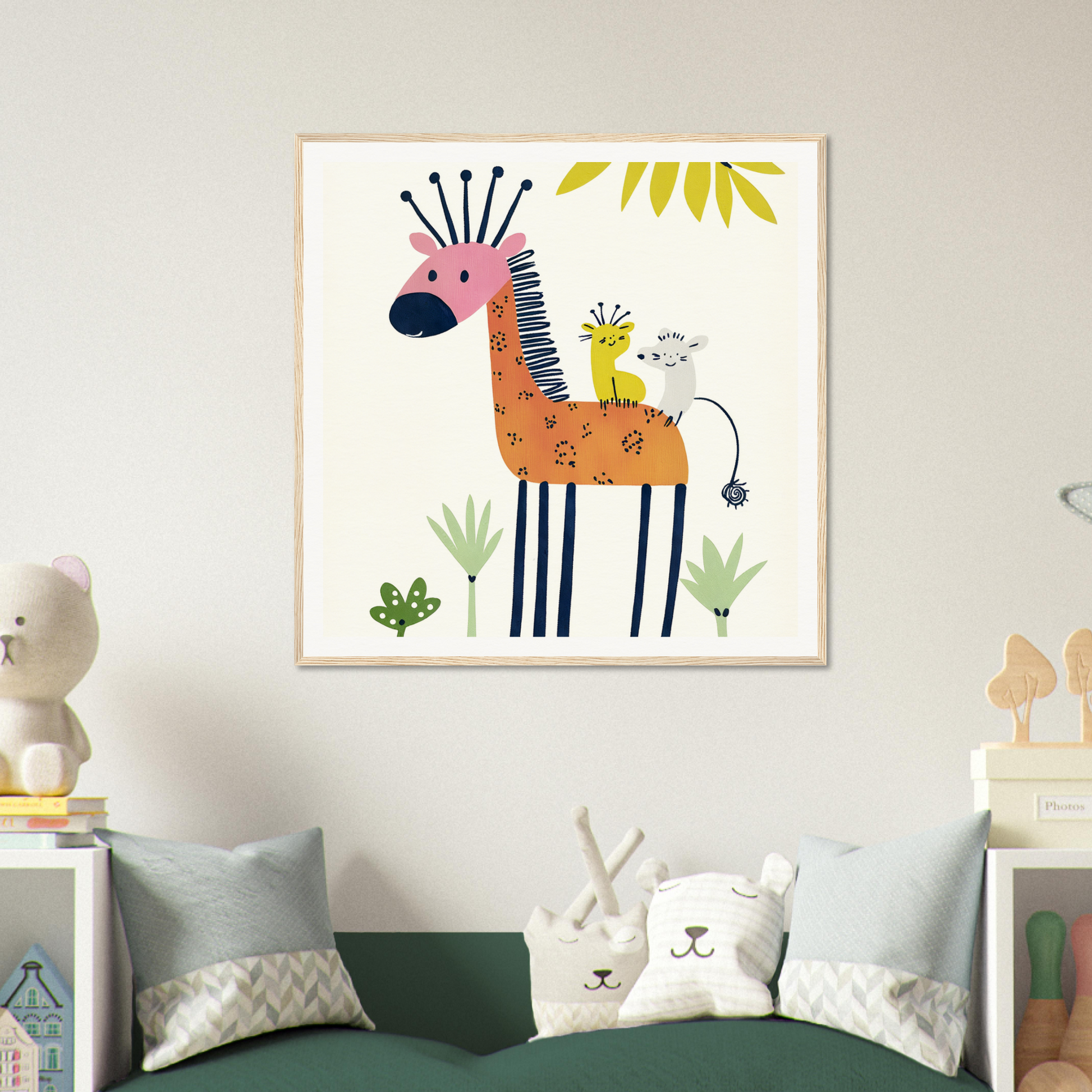 Whimsical cartoon giraffe with pink and blue accents for fun nursery wall art