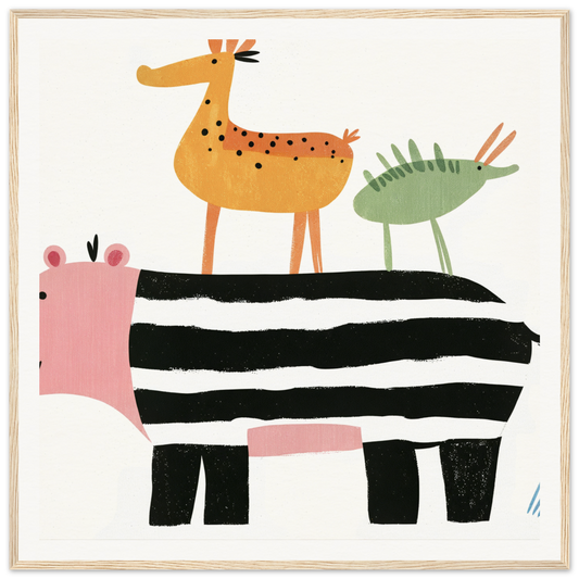 Whimsical nursery wall art of stacked animals in fun geometric shapes for kids’ rooms