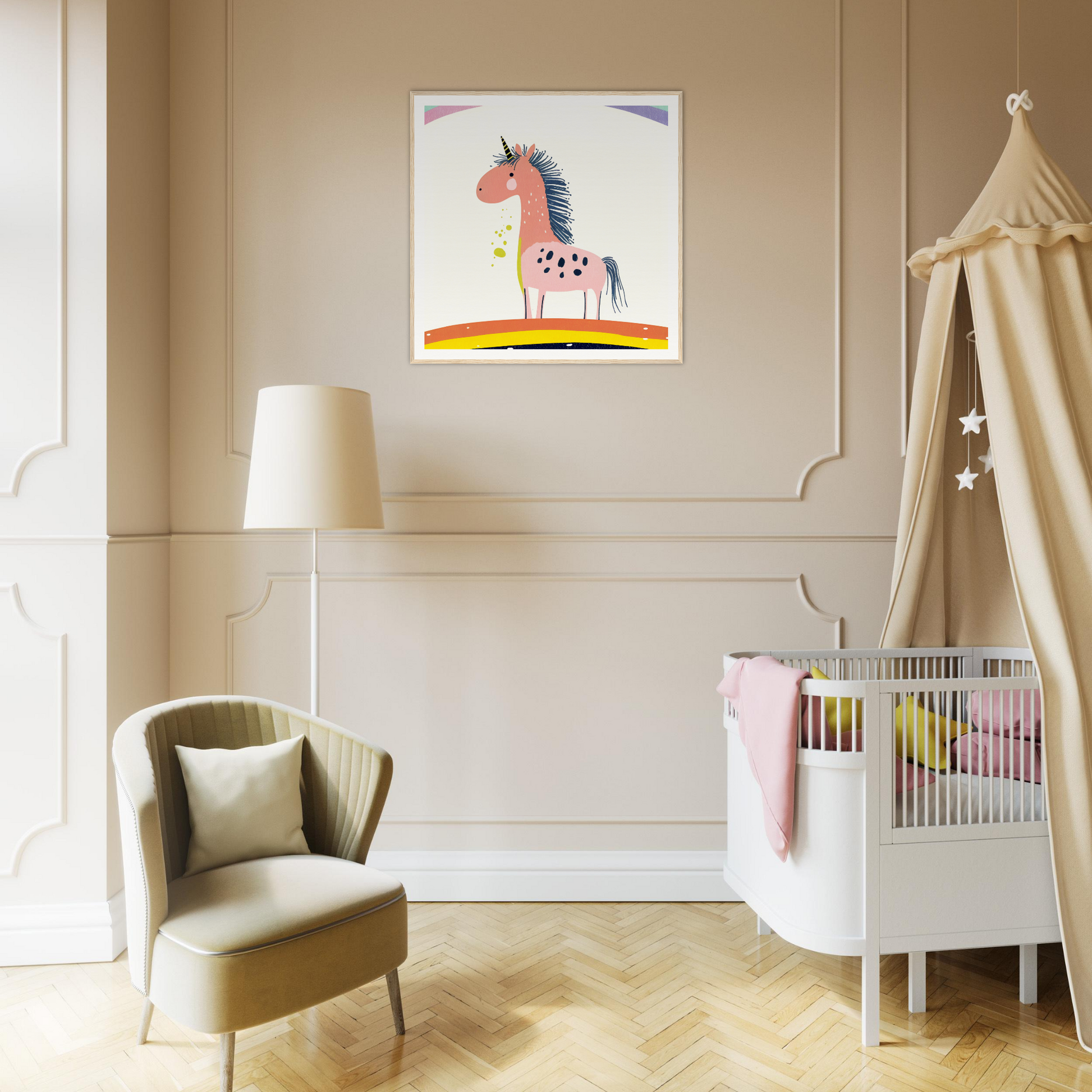 Colorful Pink and Blue Cartoon Unicorn Framed Poster - Fun Nursery Wall Art Decor