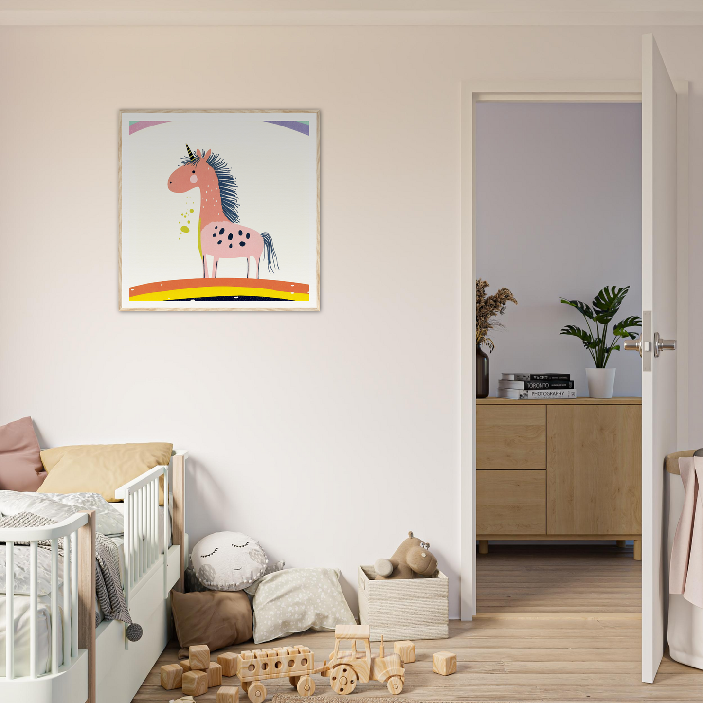 Colorful cartoon horse artwork as framed nursery wall art for vibrant nursery decor