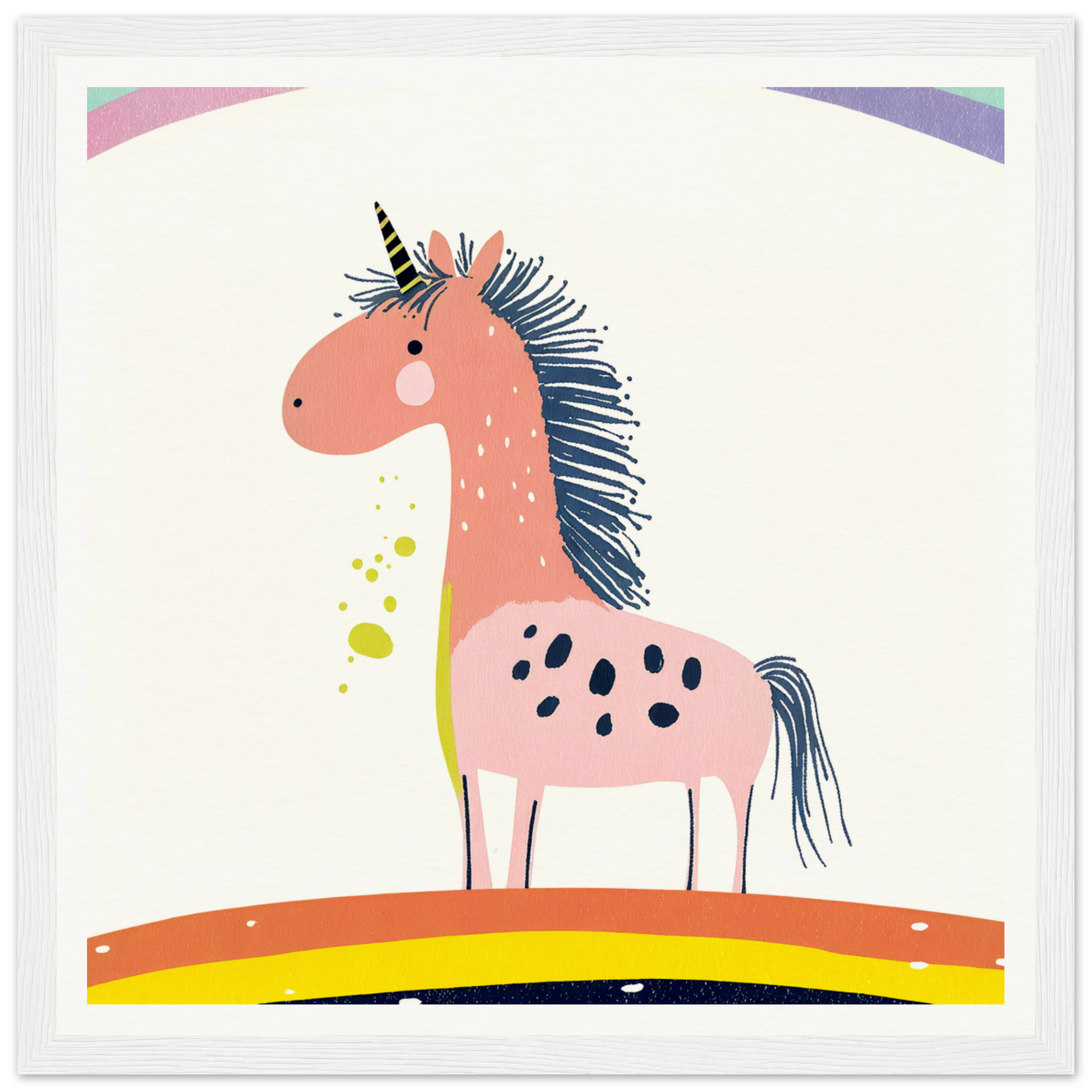 Cute Pink Unicorn with Navy Blue Mane for nursery wall art or decor. Perfect framed poster!