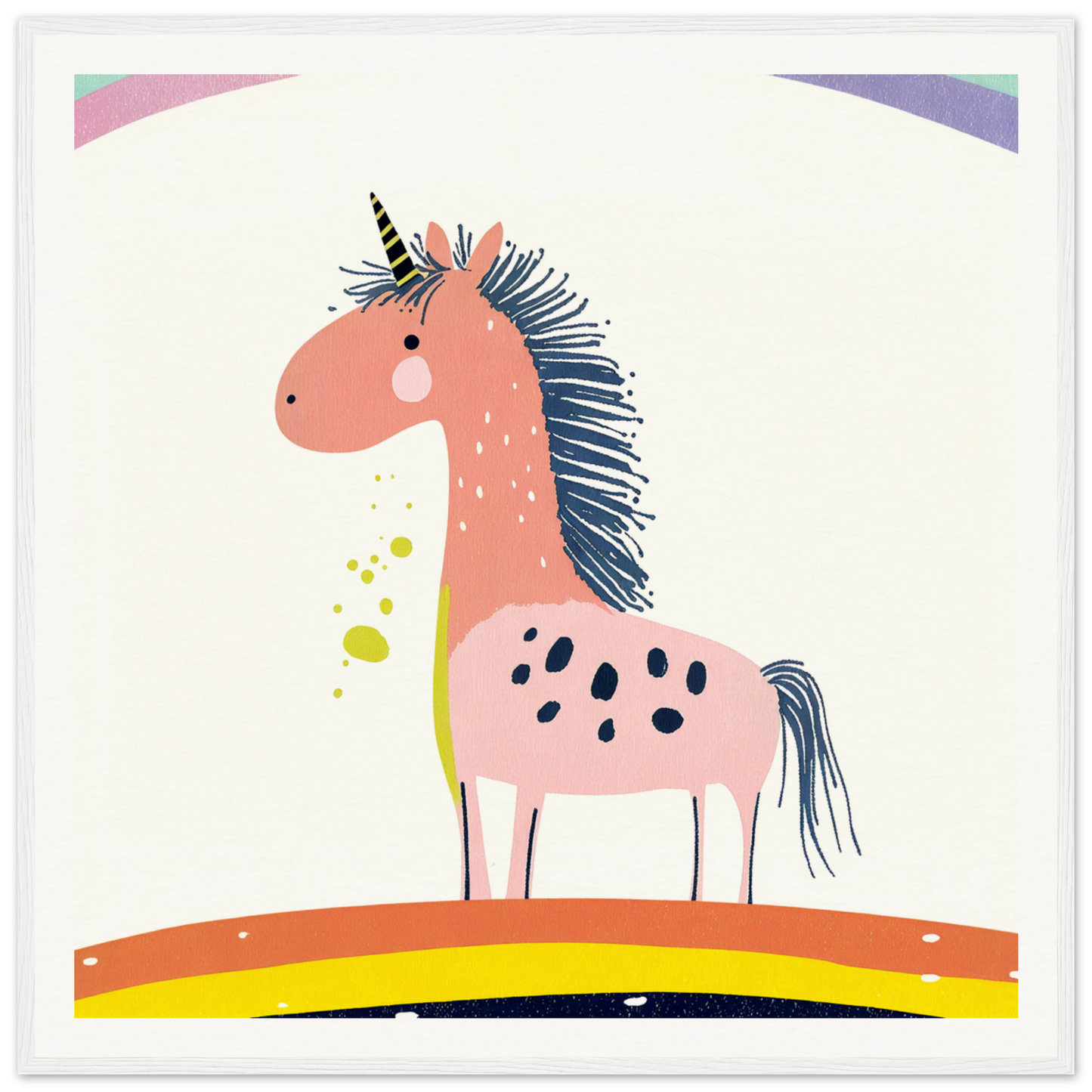 Pink unicorn with navy mane and spots, perfect for nursery wall art or decor