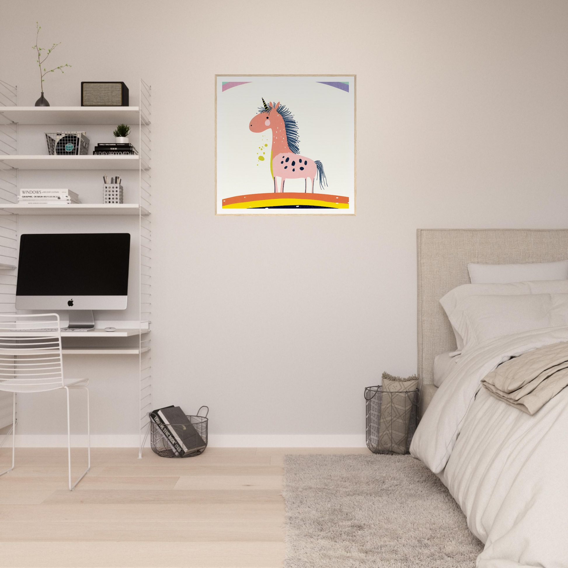 Whimsical cartoon horse nursery wall art in pink and blue for cute nursery decor